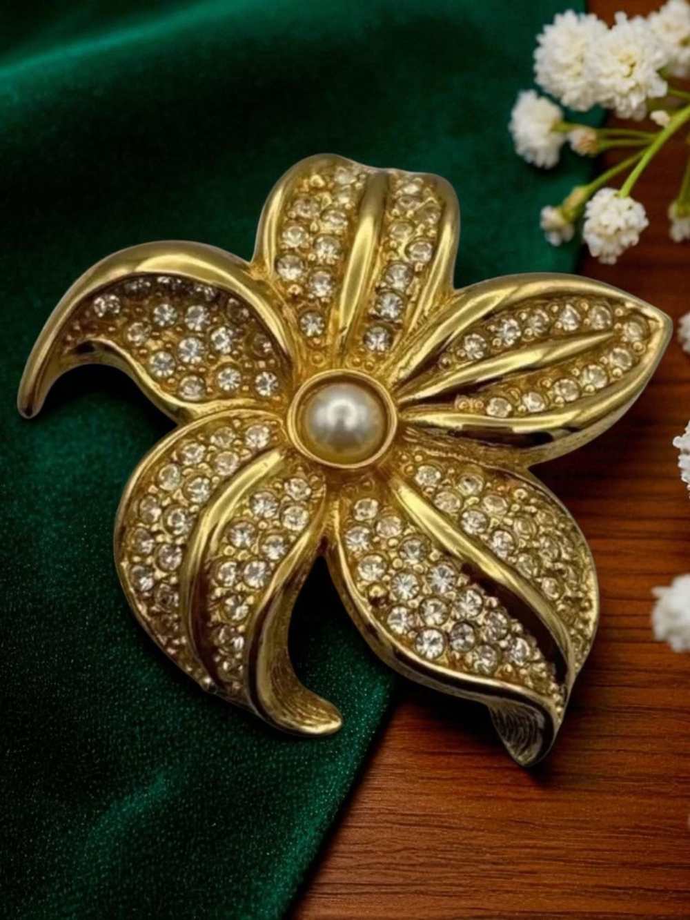 Dior Gold Plated Crystal Flower Brooch with Pearl Center